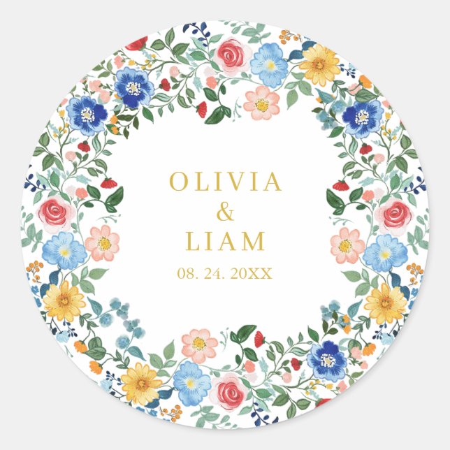 Adesivo Redondo Casamento Dourado do Jardim de Florestas Selvagens (Frente)