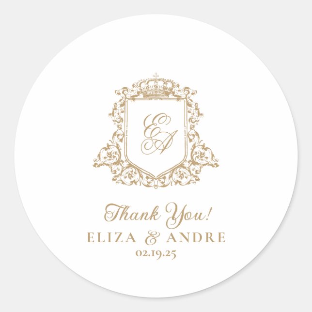 Adesivo Redondo Casamento Dourado e branco do Monograma Real (Frente)
