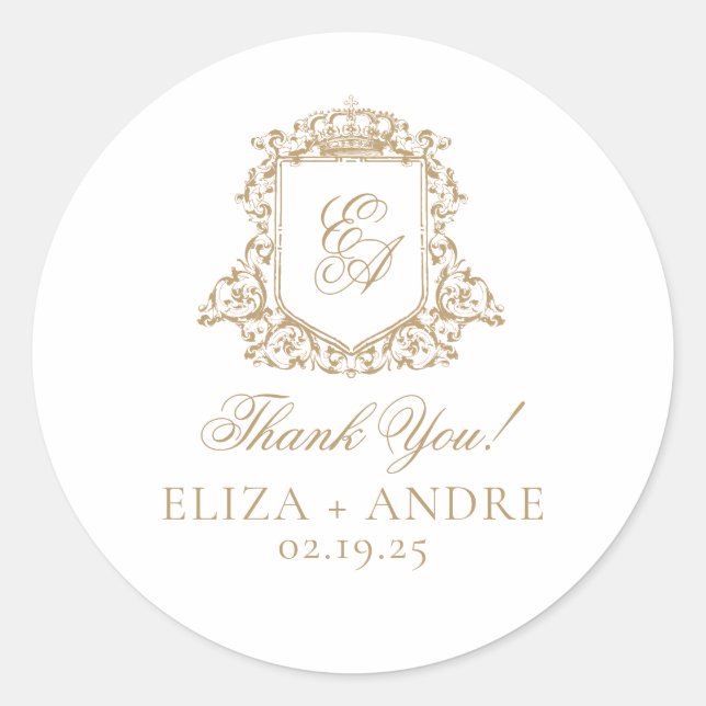 Adesivo Redondo Casamento Dourado e branco do Monograma Real (Frente)
