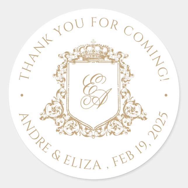 Adesivo Redondo Casamento Dourado e branco do Monograma Real (Frente)