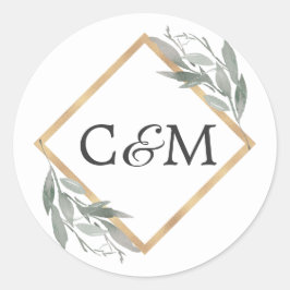 Adesivo Redondo Casamento Dourado Elegante De Folha Botânica Sage