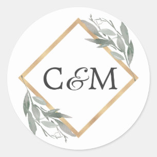 Adesivo Redondo Casamento Dourado Elegante De Folha Botânica Sage