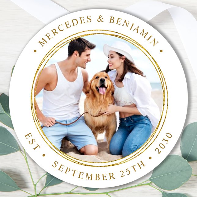 Adesivo Redondo Casamento Dourado Elegante de Fotografia Personali (Criador carregado)