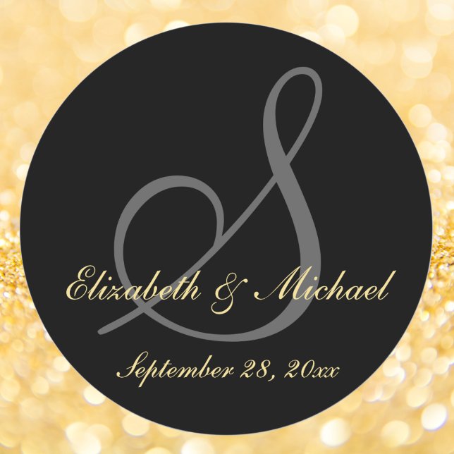Adesivo Redondo Casamento Dourado Elegante Monograma Preto Salve a (Elegant Black Gold Monogram Wedding Save the Date Classic Round Sticker)