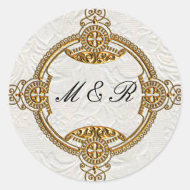 Adesivo Redondo Casamento Dourado Elegante Monogrammed