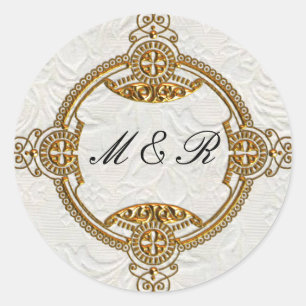 Adesivo Redondo Casamento Dourado Elegante Monogrammed