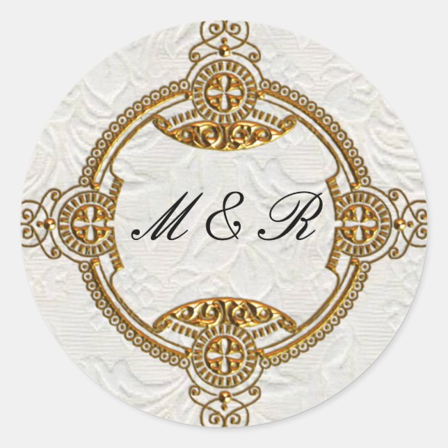 Adesivo Redondo Casamento Dourado Elegante Monogrammed (Frente)