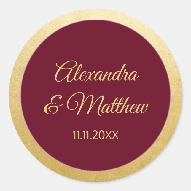 Adesivo Redondo Casamento Dourado Elegante Personalizado Burgundy (Frente)