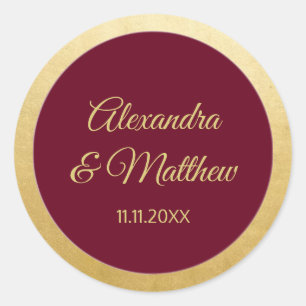 Adesivo Redondo Casamento Dourado Elegante Personalizado Burgundy