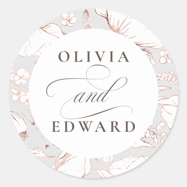 Adesivo Redondo Casamento Dourado Elegante, Rosa, de Flores Selvag (Frente)