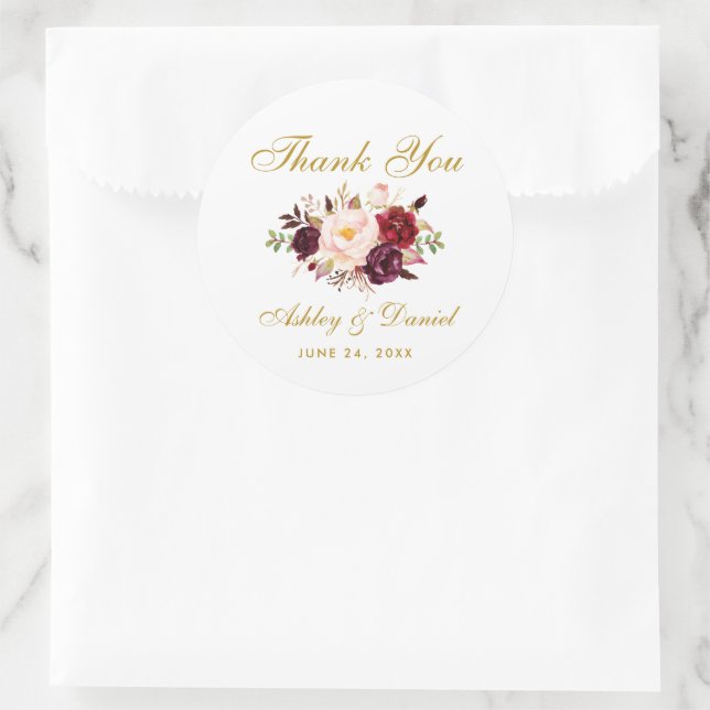 Adesivo Redondo Casamento Dourado Floral Burgundy - Obrigado (Bolsa)