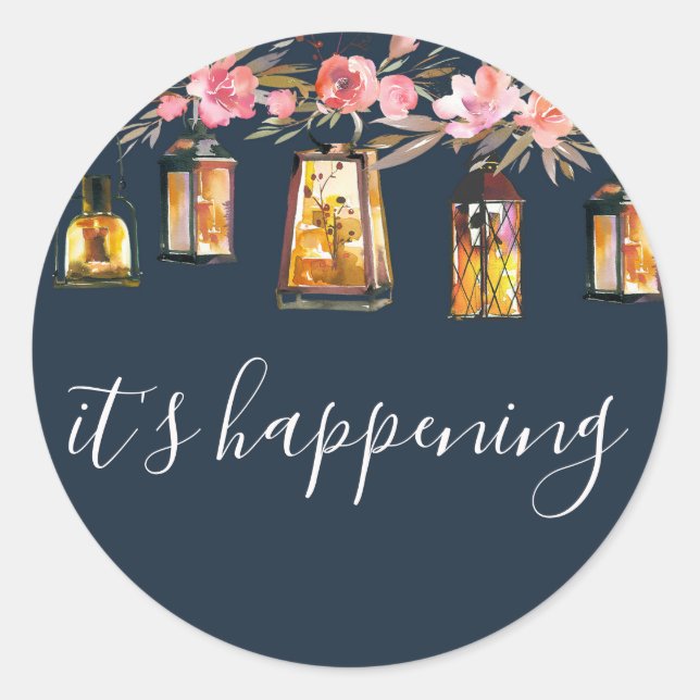 Adesivo Redondo Casamento Dourado Floral de Coral Azul-Marinho Ele (Frente)