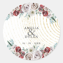 Adesivo Redondo Casamento Dourado Floral de Coral Vermelho-Ivory