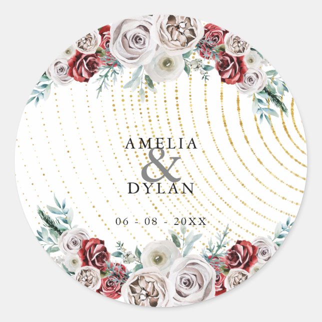 Adesivo Redondo Casamento Dourado Floral de Coral Vermelho-Ivory (Frente)