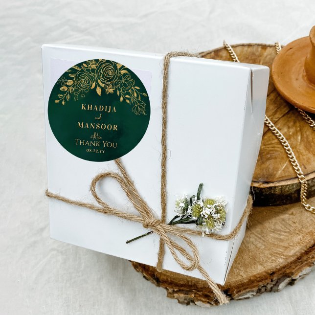 Adesivo Redondo Casamento Dourado Floral Real Emerald Green Obriga (Criador carregado)