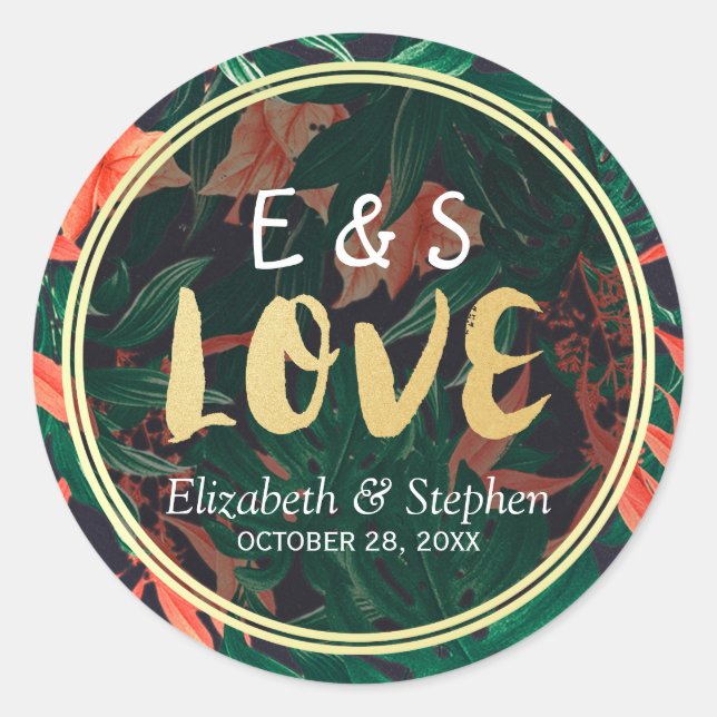 Adesivo Redondo Casamento Dourado Floral Tropical Obrigado A Favor (Frente)