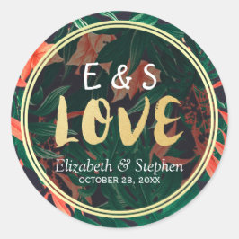 Adesivo Redondo Casamento Dourado Floral Tropical Obrigado A Favor