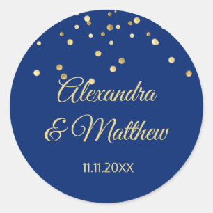 Adesivo Redondo Casamento Dourado personalizado dos azuis marinhos
