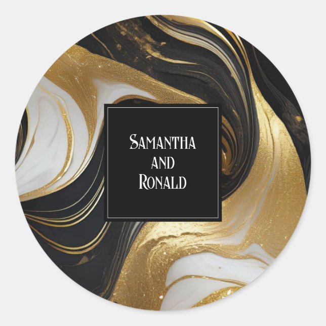 Adesivo Redondo Casamento Dourado, Preto e Branco Marmoreado Elega (Frente)