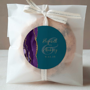 Adesivo Redondo Casamento Dourado Roxo-Roxo do Script Geode Agate