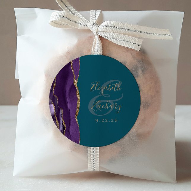 Adesivo Redondo Casamento Dourado Roxo-Roxo do Script Geode Agate (Criador carregado)