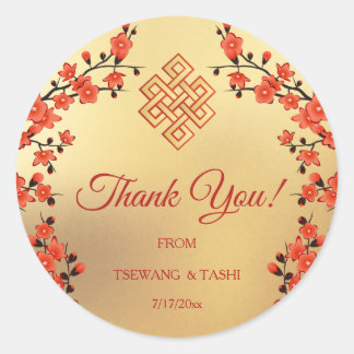 Adesivo Redondo Casamento Dourado Tibetano com o Flor Vermelho de