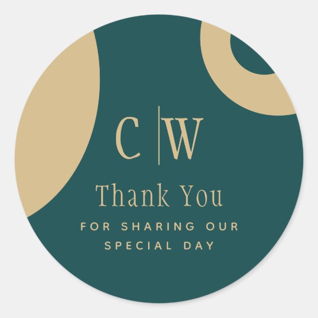 Adesivo Redondo Casamento Dourado Verde de Peacock Teal Obrigado F (Frente)