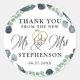 Adesivo Redondo Casamento Dusty Blue Eucalyptus Greenery Obrigado