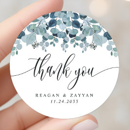 Adesivo Redondo Casamento Dusty Blue Eucalyptus Greenery Obrigado