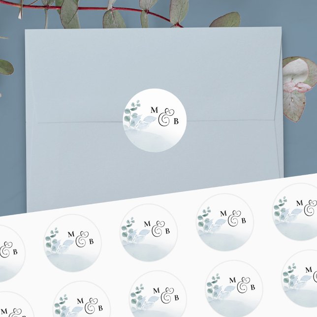 Adesivo Redondo Casamento Dusty Eucalyptus Elegante Monogrammed (Criador carregado)