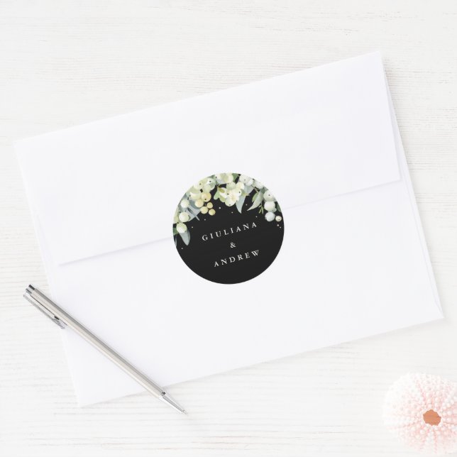 Adesivo Redondo Casamento Elegante Black Snowberry+Eucalyptus (Envelope)