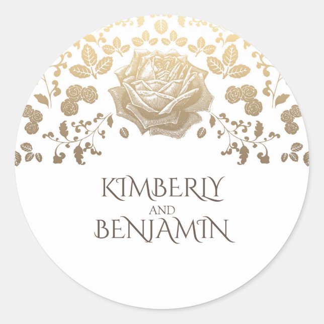Adesivo Redondo Casamento Elegante Branco das Flores Douradas Vint (Frente)