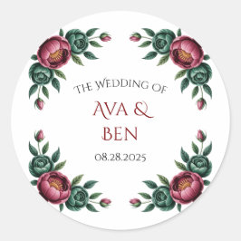 Adesivo Redondo Casamento Elegante Burgundy e Emerald Peony