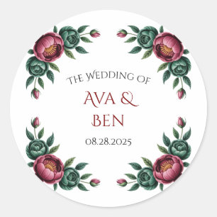Adesivo Redondo Casamento Elegante Burgundy e Emerald Peony