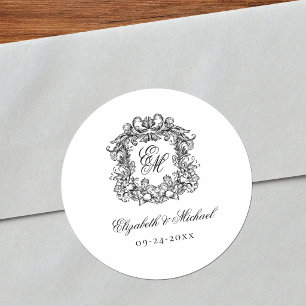 Adesivo Redondo Casamento Elegante com Brasão Monograma Vintage