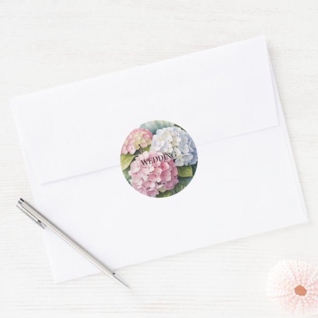 Adesivo Redondo Casamento Elegante com Hortênsias em Aquarela (Envelope)