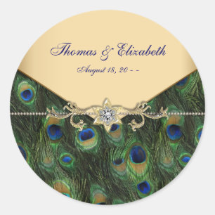 Adesivo Redondo Casamento Elegante com Pavão em Esmeralda Verde e