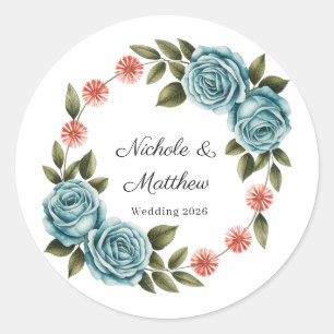 Adesivo Redondo Casamento Elegante com Rosa Teal e Margarida Laran