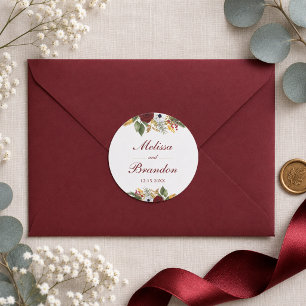 Adesivo Redondo Casamento Elegante com Script Floral em Vermelho B