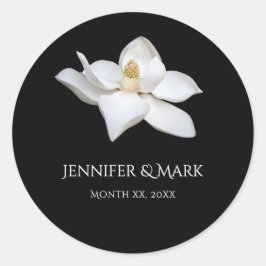 Adesivo Redondo Casamento Elegante da Magnolia Branca, Preto e Bra