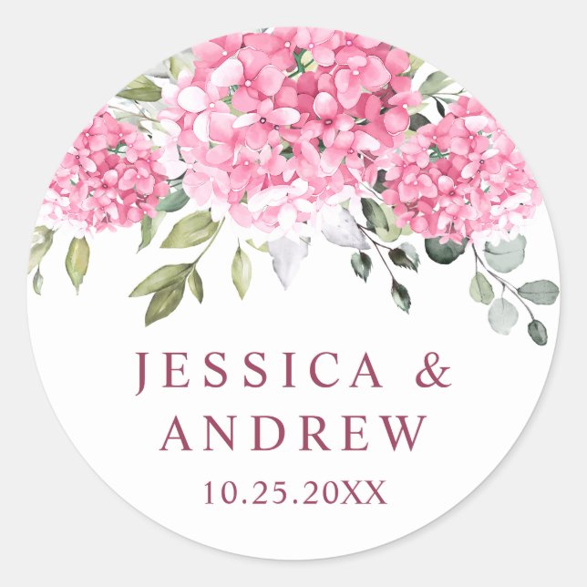 Adesivo Redondo Casamento Elegante De Blush Hydrangea Eucalyptus (Frente)
