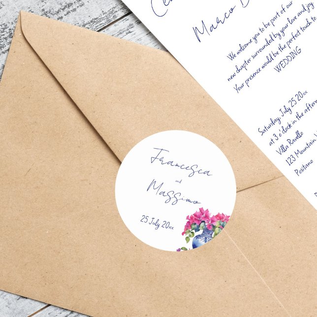 Adesivo Redondo Casamento elegante de Bougainvillea, Azulejos fran (Blue French Tiles Bougainvillea elegant Mediterranean wedding envelope Sticker bride and groom names)