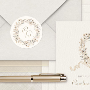 Adesivo Redondo Casamento Elegante de Flores Selvagens em Monogram