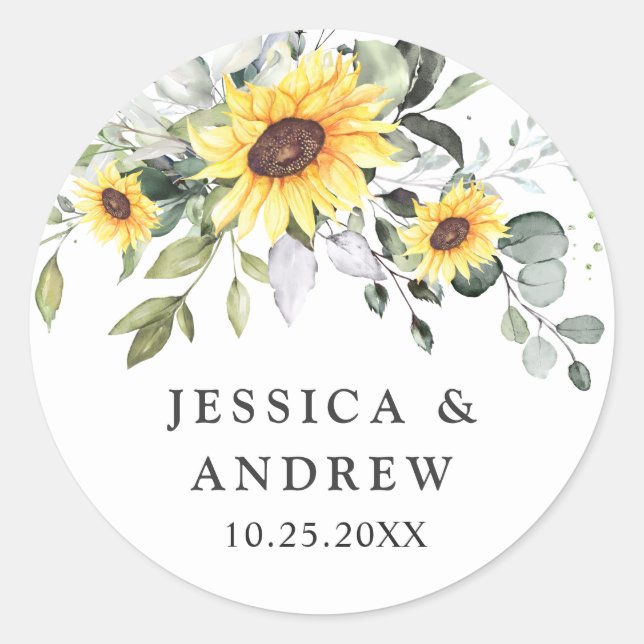 Adesivo Redondo Casamento Elegante de Girassóis Eucalyptus Waterco (Frente)