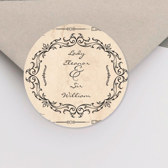 Adesivo Redondo Casamento Elegante de Manuscrito Medieval (Medieval Manuscript Elegant Wedding Classic Round Sticker)
