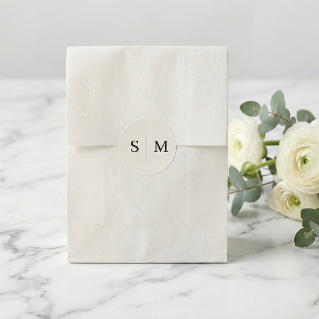 Adesivo Redondo Casamento Elegante de Monograma Beige (Criador carregado)