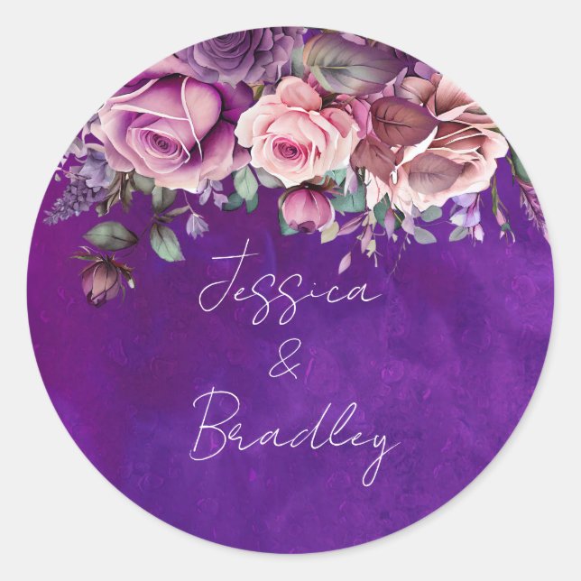 Adesivo Redondo Casamento elegante de rosas rosa púrpura (Frente)