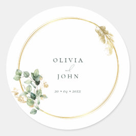 Adesivo Redondo Casamento Elegante Dourado Eucalipto Verde