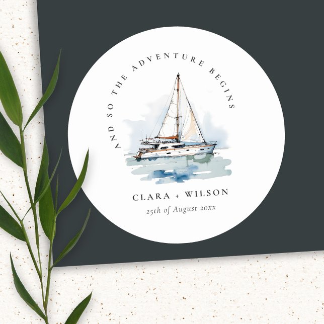 Adesivo Redondo Casamento Elegante Dusky Sailboat Yacht Seascape (Criador carregado)