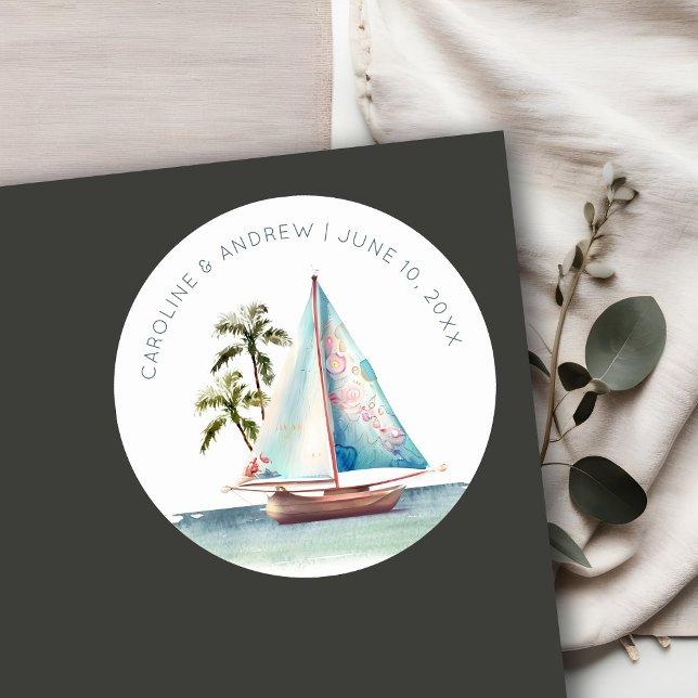 Adesivo Redondo Casamento Elegante Dusky Teal Sailboat Palm Seasca (Criador carregado)